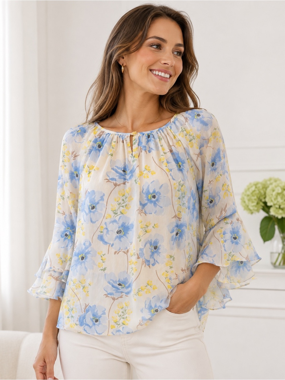 Chaps Women’s XL Floral Blouse Blue Yellow Bell Sleeve Flowy Top